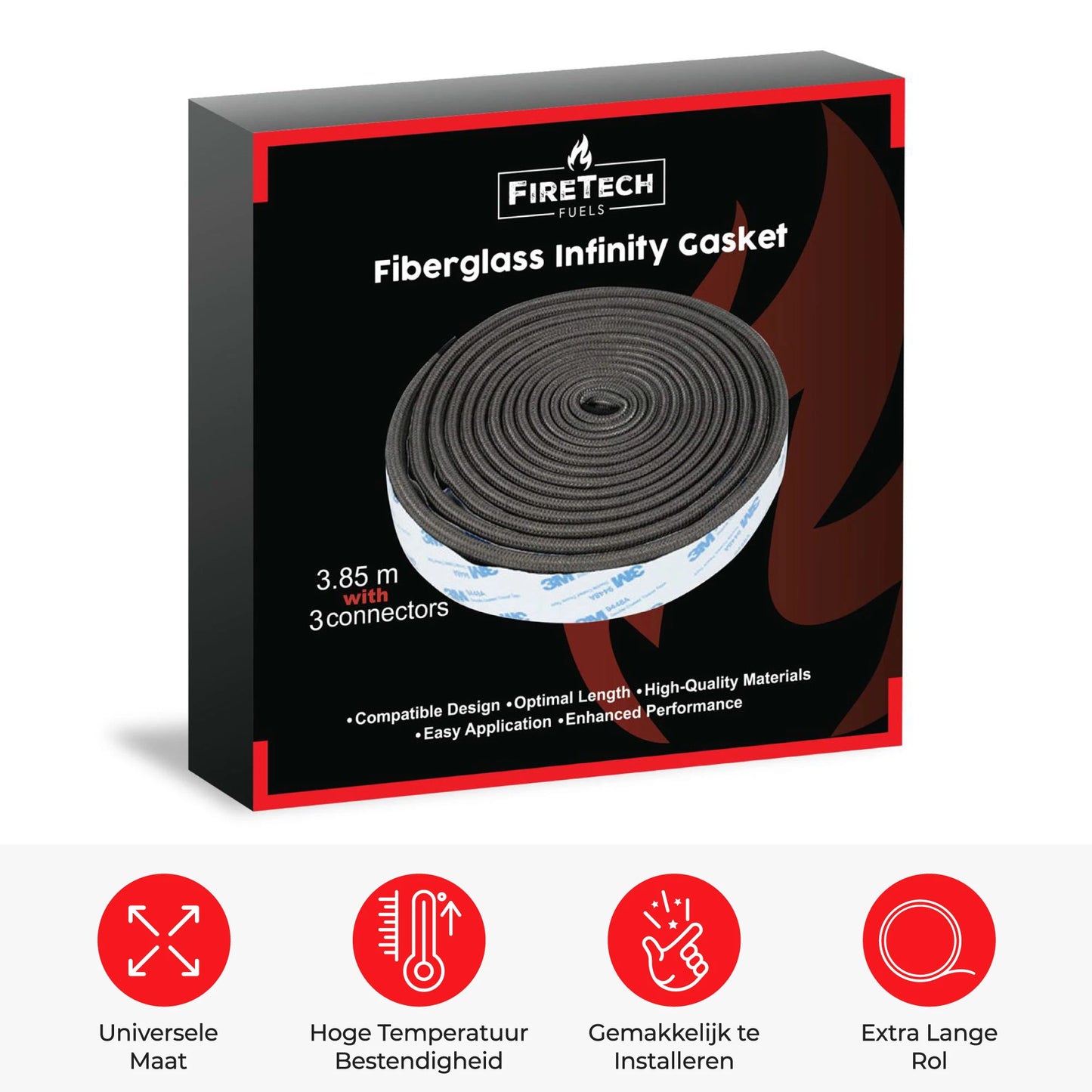 FireTech Fiberglass Infinity Vilt – Universele Kamado Pakking (3,85m x 3cm) met 3 Connectors