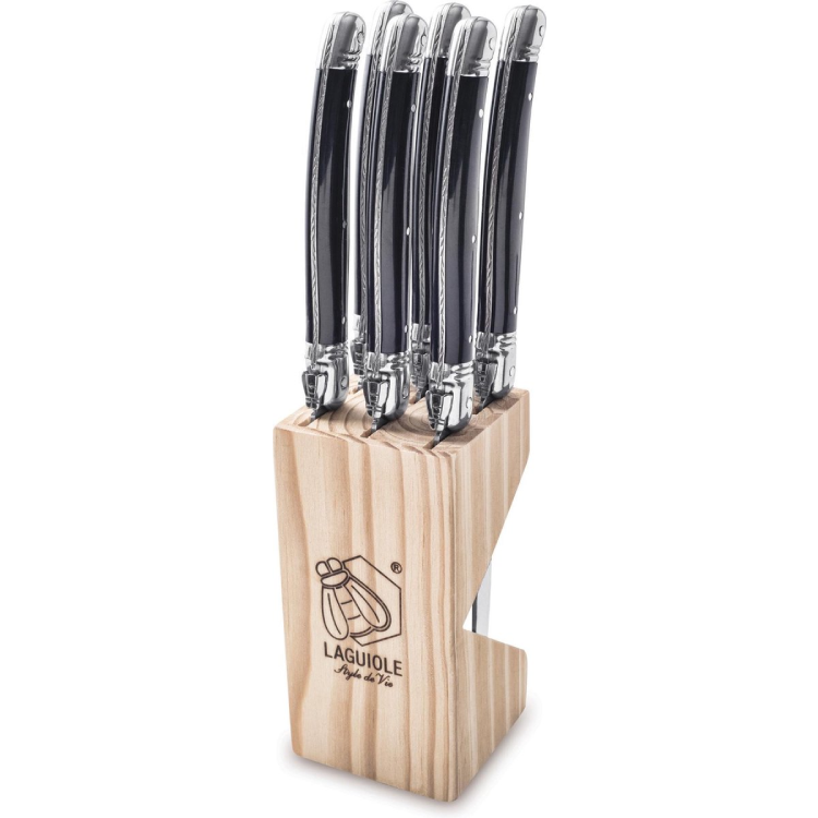 Steakmes Zwart set á 6 stuks in houten blok - Laguiole Style de Vie