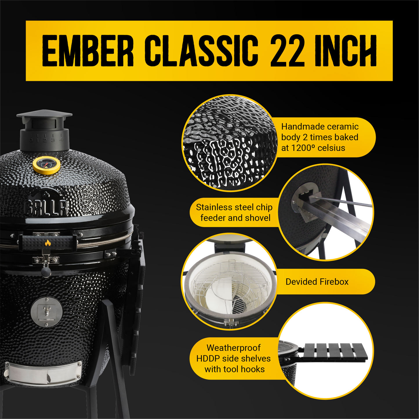 GRLLR Ember - Classic 22 inch Kamado Charcoal Black | Solo